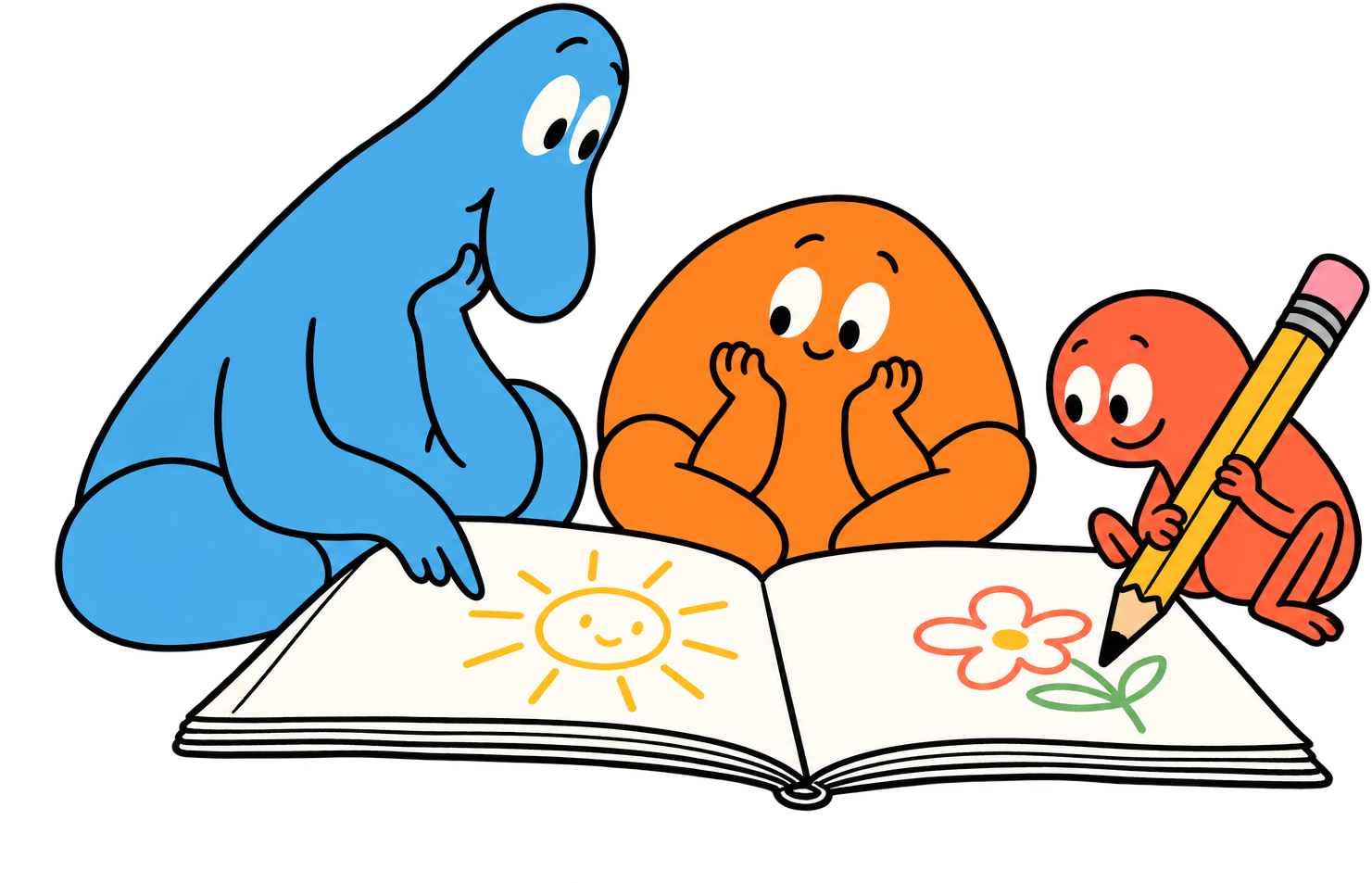 Three simple hand-drawn colorful characters making art together around an open sketchbook